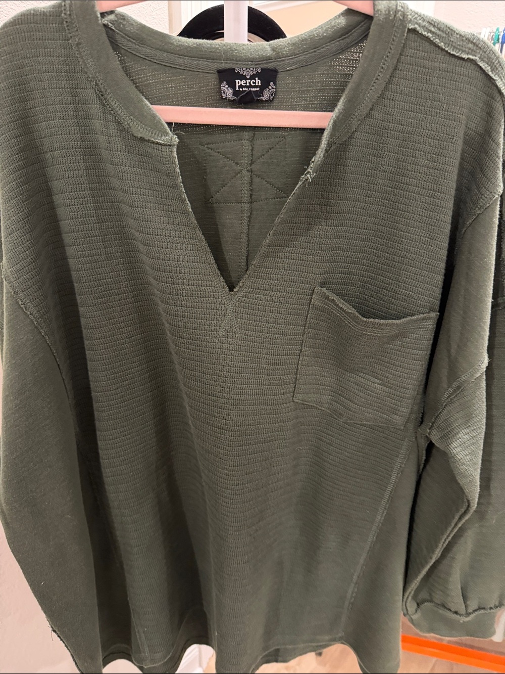 Perch Olive Green Long Sleeve Waffle Knit Tee
